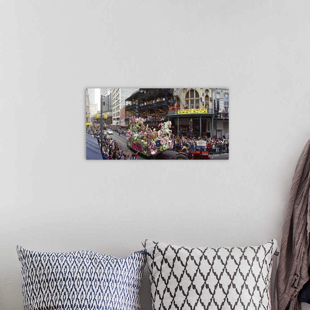 A bohemian room featuring Large horizontal photograph of a tractor pulling a float through the crowded city streets of New ...