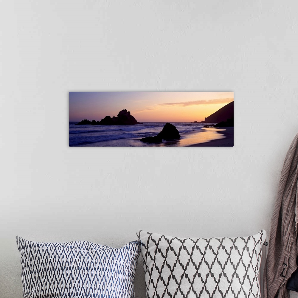 A bohemian room featuring Oversized, horizontal, panoramic photograph of the shoreline at Pfeiffer Beach in Big Sur, Califo...