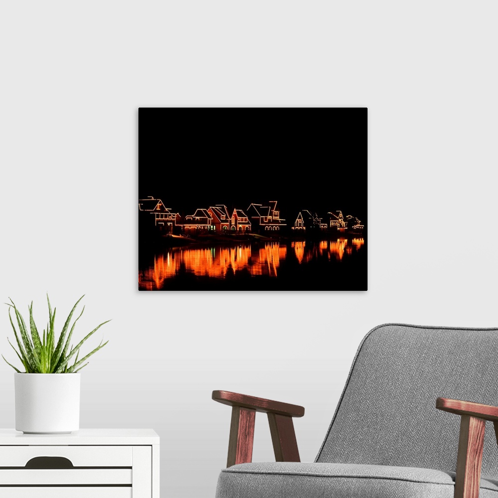 A modern room featuring PHILADELPHIA PA BOATHOUSE ROW LIT UP AT NIGHT REFLECTING IN SCHUYLKILL RIVER