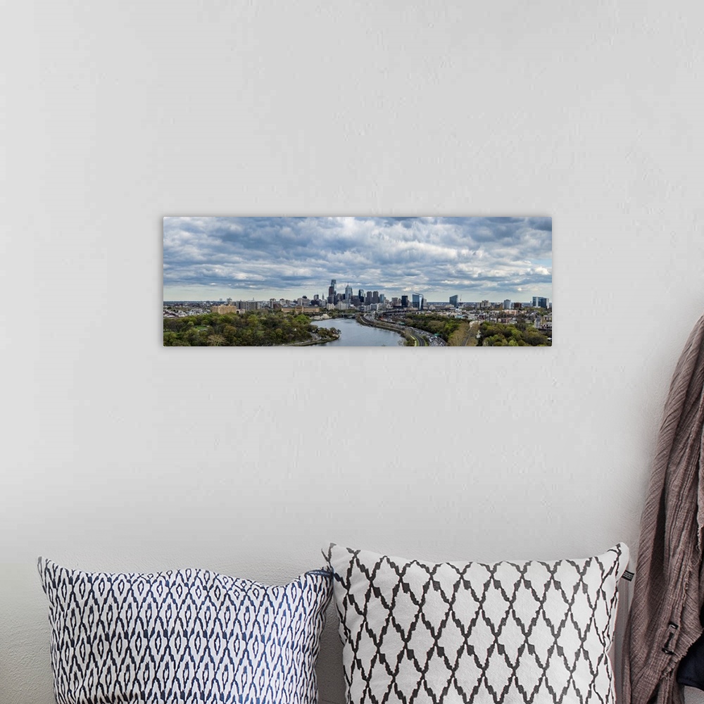 A bohemian room featuring Philadelphia Skyline at waterfront, Schuylkill River, Pennsylvania, USA.