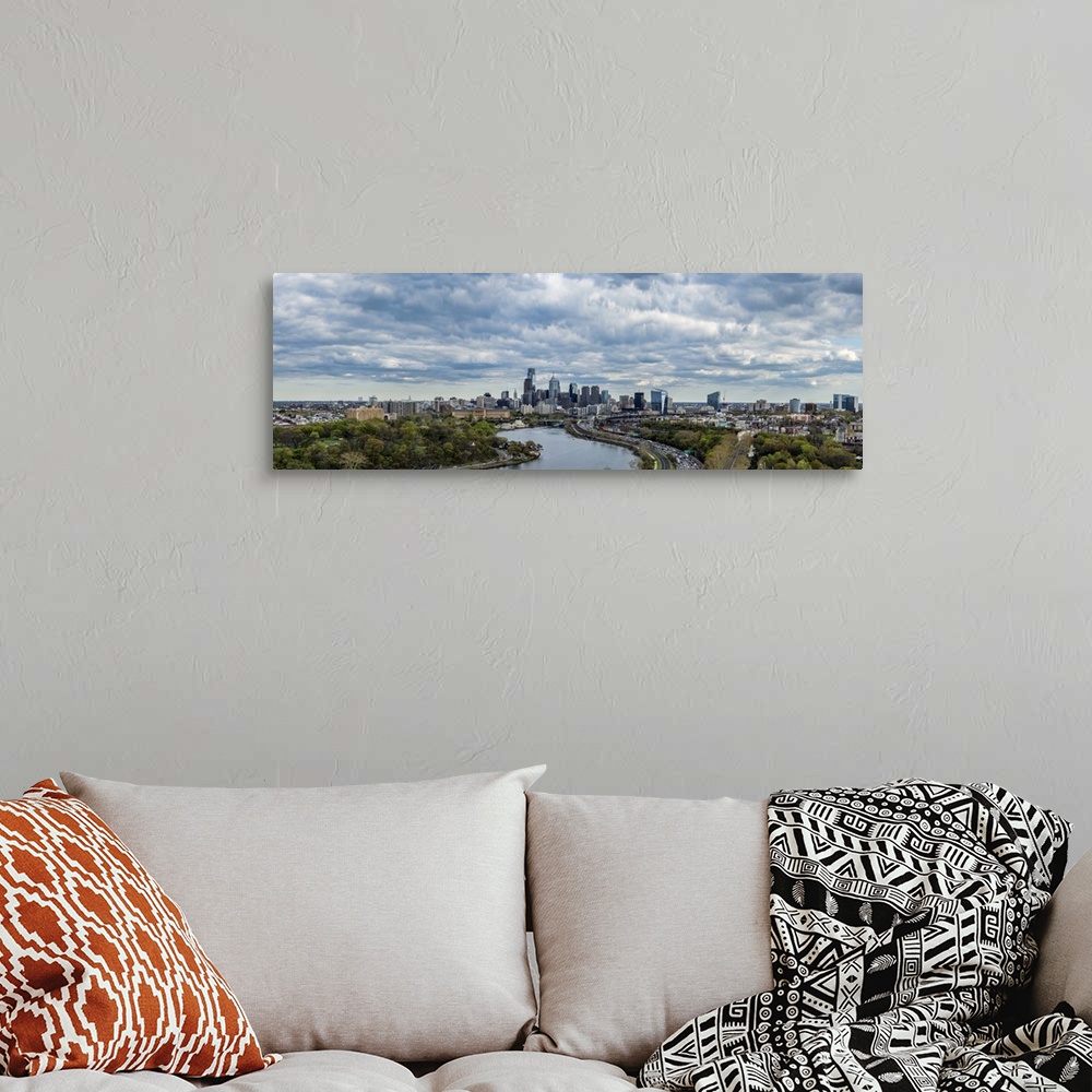A bohemian room featuring Philadelphia Skyline at waterfront, Schuylkill River, Pennsylvania, USA.