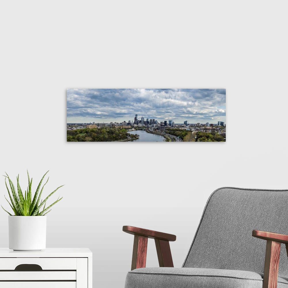 A modern room featuring Philadelphia Skyline at waterfront, Schuylkill River, Pennsylvania, USA.