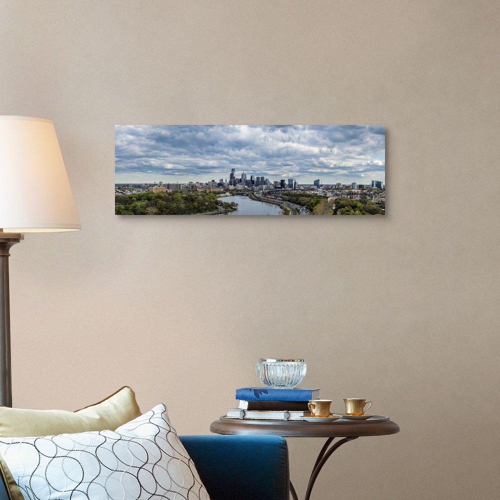 A traditional room featuring Philadelphia Skyline at waterfront, Schuylkill River, Pennsylvania, USA.
