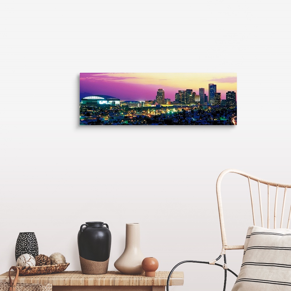 A farmhouse room featuring Panoramic photograph displays the colorful skyline within the capital of Arizona as it brightly s...