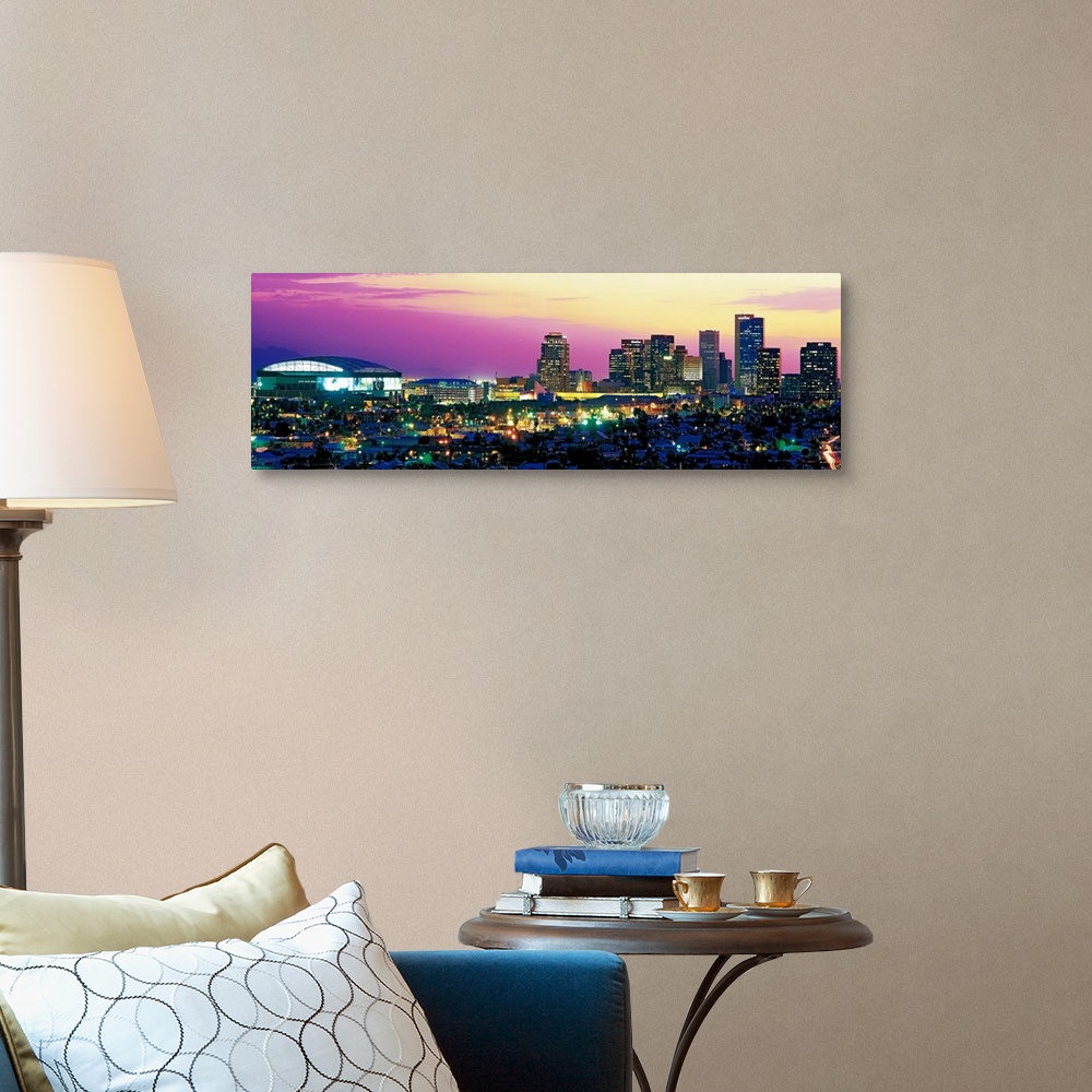 A traditional room featuring Panoramic photograph displays the colorful skyline within the capital of Arizona as it brightly s...