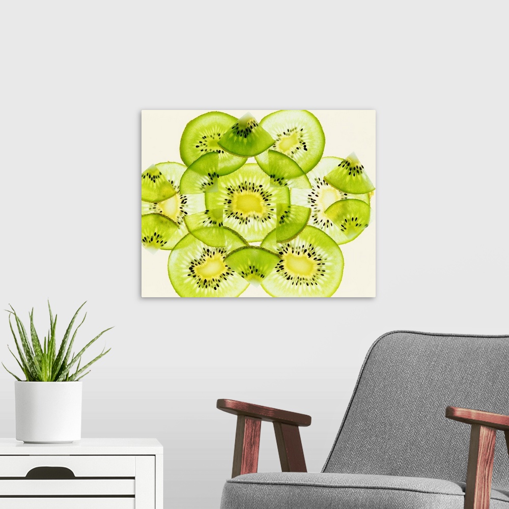 A modern room featuring Thin slices of a fruit arranged in a symmetrical kaleidoscope pattern.