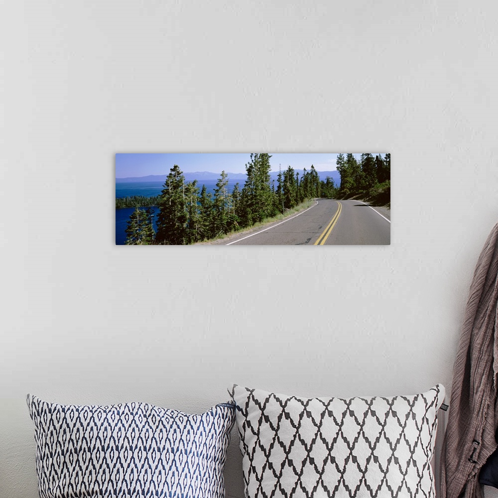 A bohemian room featuring Pine trees on both sides of Highway 89, Lake Tahoe, California