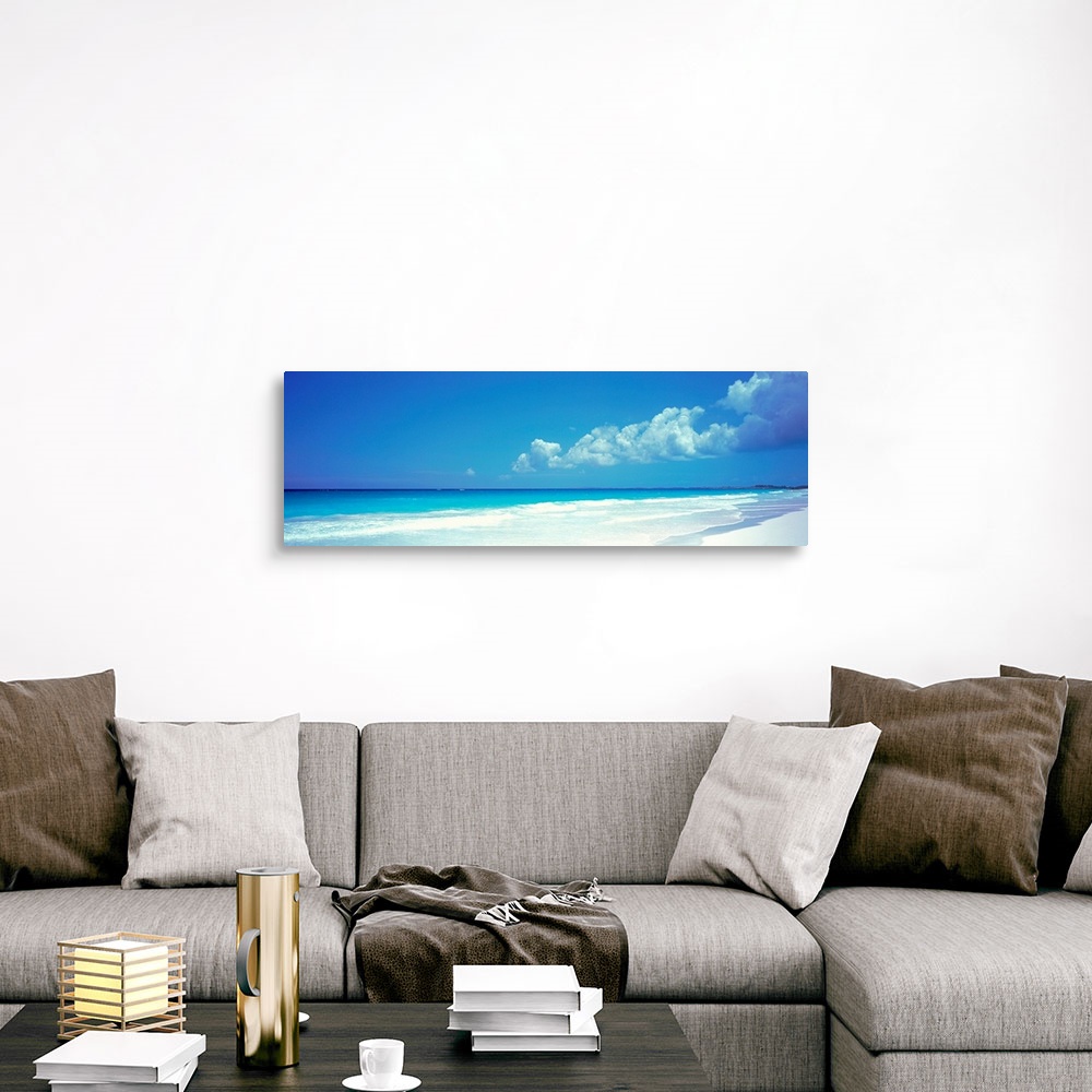 A traditional room featuring Panoramic photograph includes a near cloudless sky overlooking a sandy beach as the waves from th...