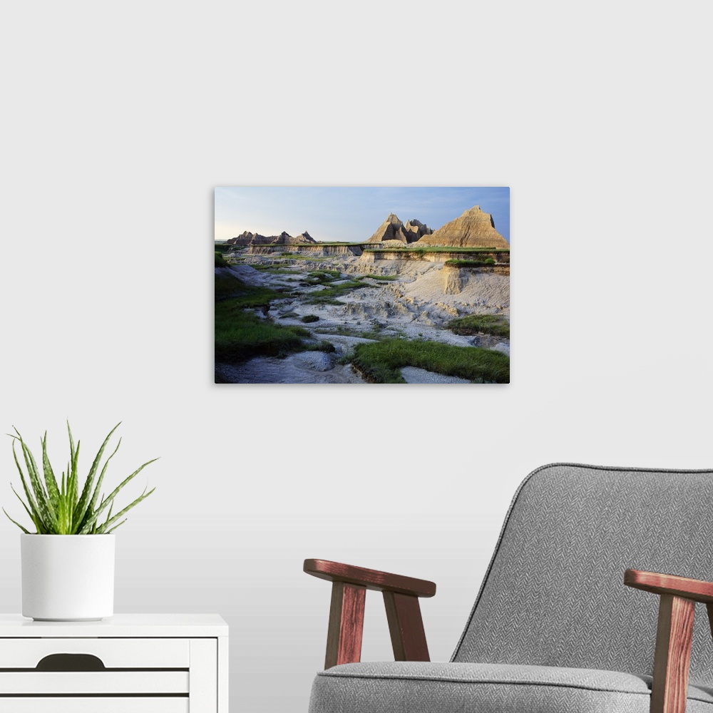 A modern room featuring Pinnacles and dry wash along Castle Trail, Badlands National Park, South Dakota