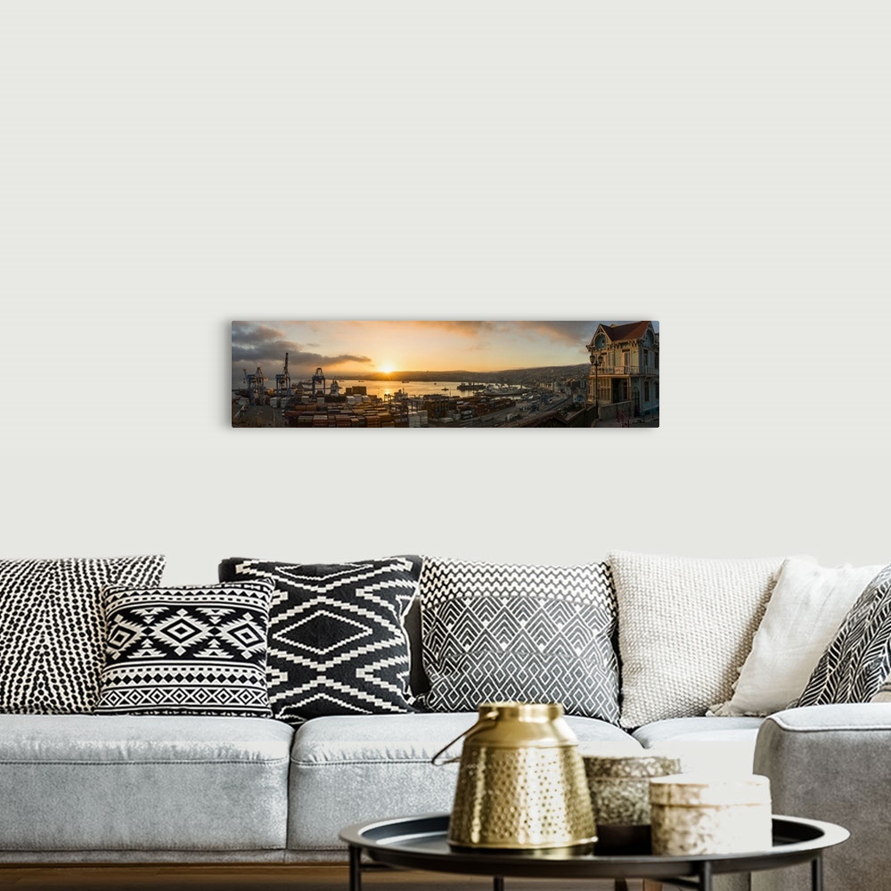 A bohemian room featuring View of city and ports at dawn from Paseo 21 de Mayo, Playa Ancha, Valparaiso, Central Coast, Chile.