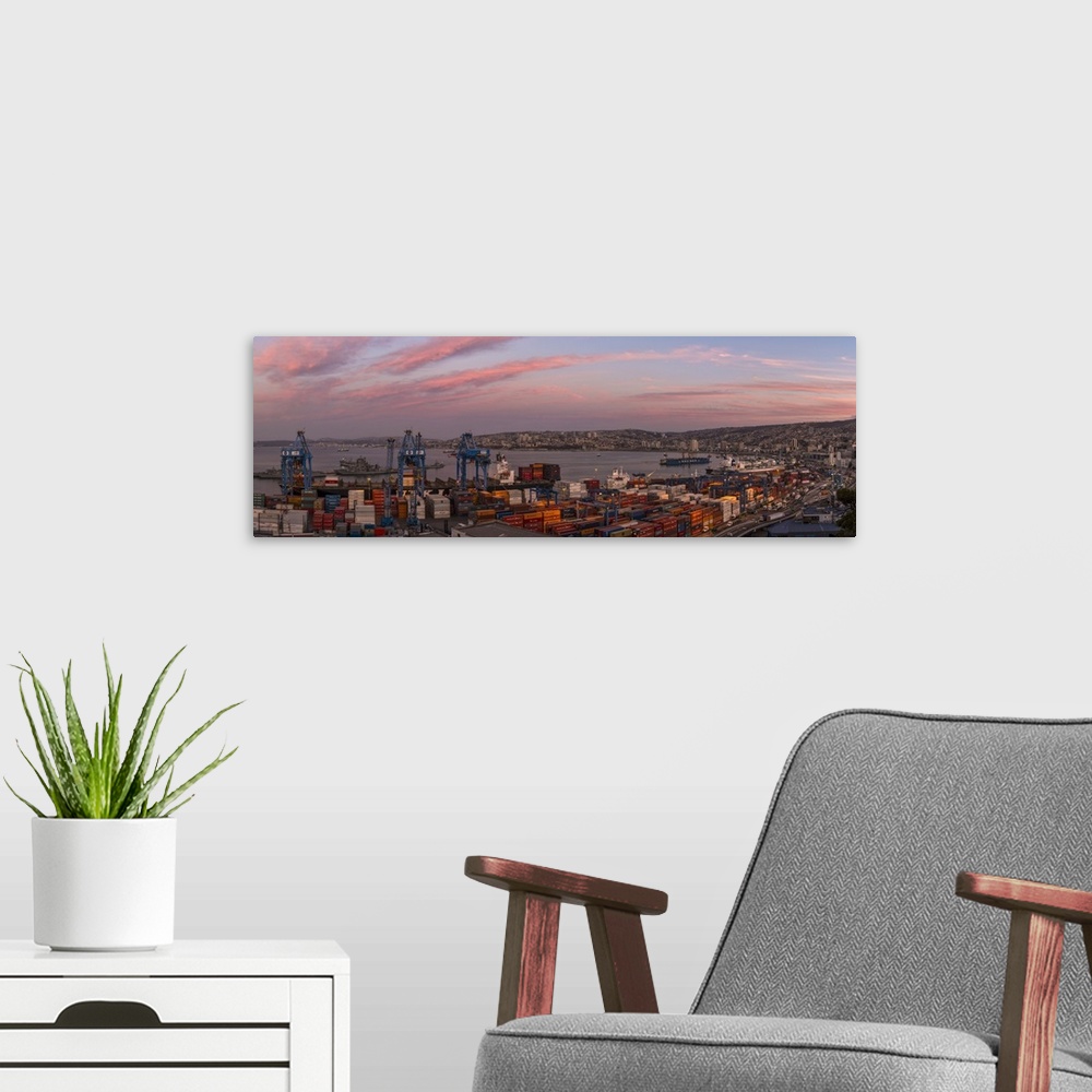 A modern room featuring View of city and ports at dawn from Paseo 21 de Mayo, Playa Ancha, Valparaiso, Central Coast, Chile.