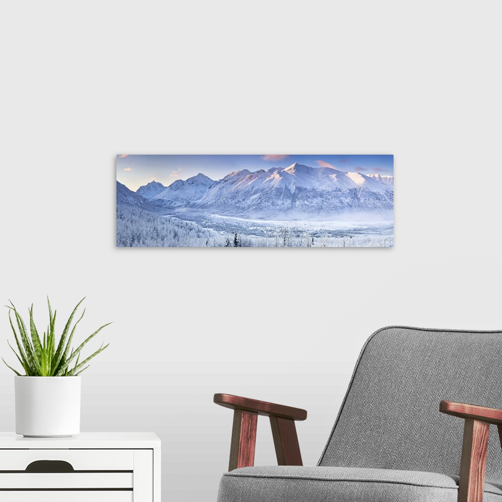 A modern room featuring Polar Bear Peak and Eagle Peak and Hurdygurdy Mountain overlooking Eagle River Valley, Chugach St...
