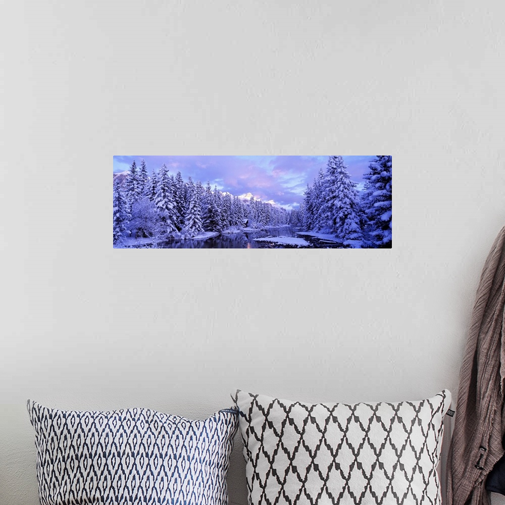 A bohemian room featuring Panoramic photograph looking down Policemans Creek, surrounded by a dense forest of snow covered ...