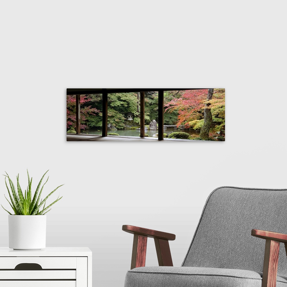 A modern room featuring View of Japanese garden from the Renge-ji Temple in Kyoto Japan.