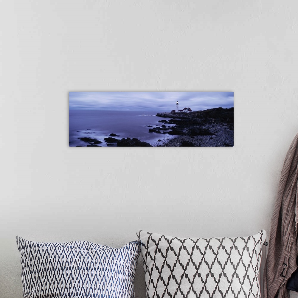 A bohemian room featuring Wide angle photograph on a large canvas of the shoreline at Cape Elizabeth, Maine, Portland Head ...