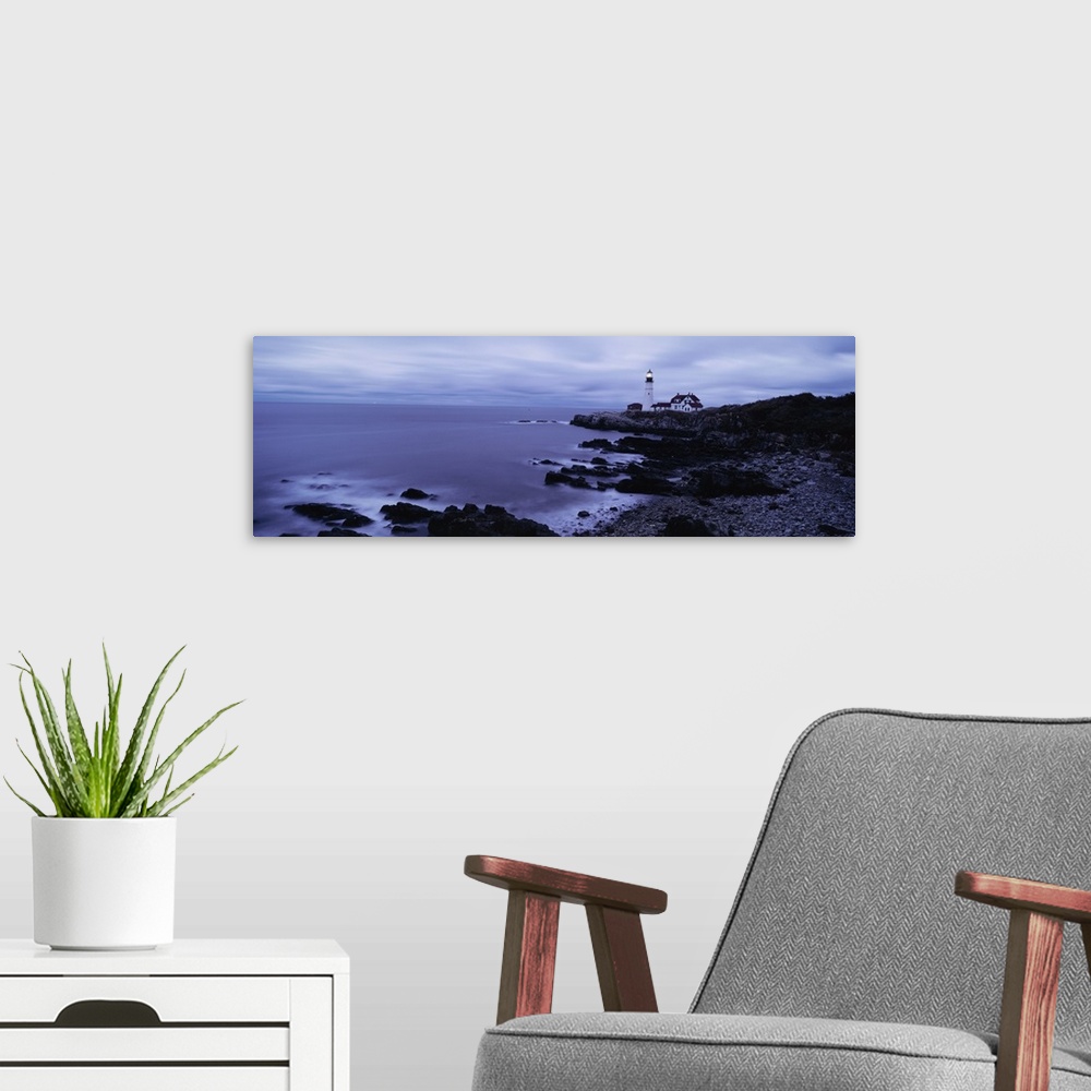 A modern room featuring Wide angle photograph on a large canvas of the shoreline at Cape Elizabeth, Maine, Portland Head ...