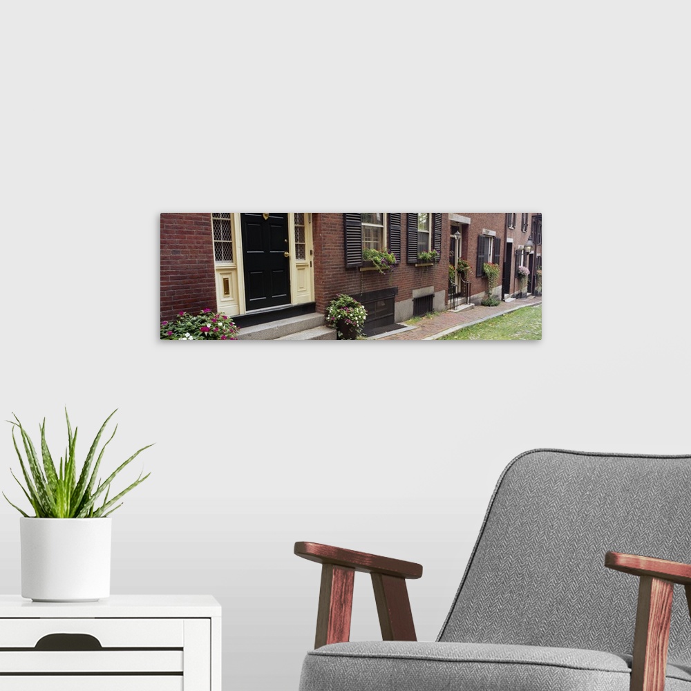 A modern room featuring Potted plants outside a house, Acorn Street, Beacon Hill, Boston, Massachusetts