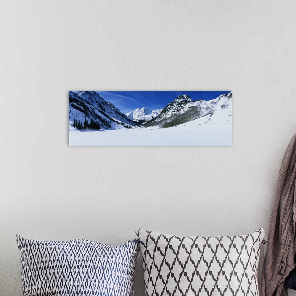 A bohemian room featuring Panoramic photograph of snow covered mountains and trees under a cloudy sky.