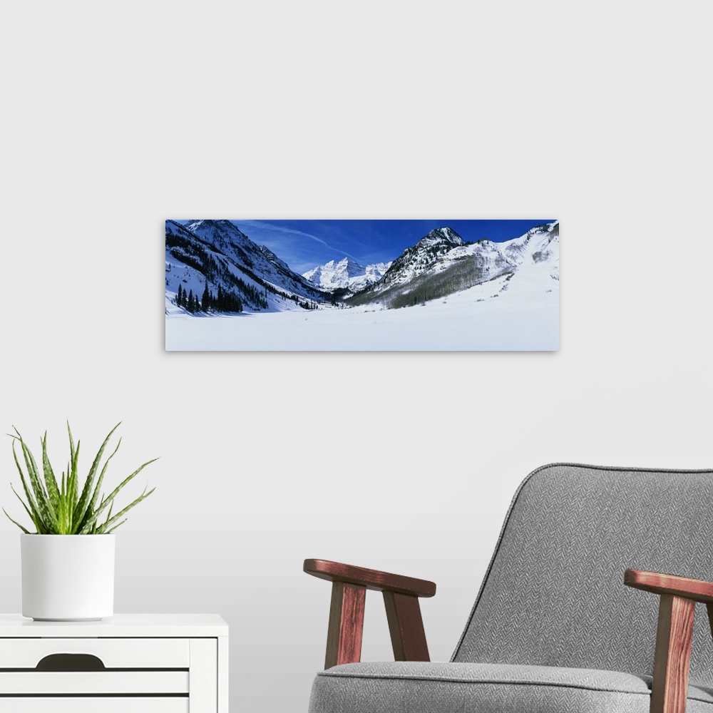 A modern room featuring Panoramic photograph of snow covered mountains and trees under a cloudy sky.