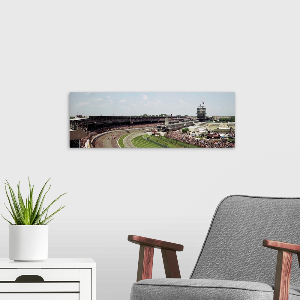 A modern room featuring Race cars in pace lap in a stadium, Indianapolis 500, Indianapolis Motor Speedway, Speedway, Indi...