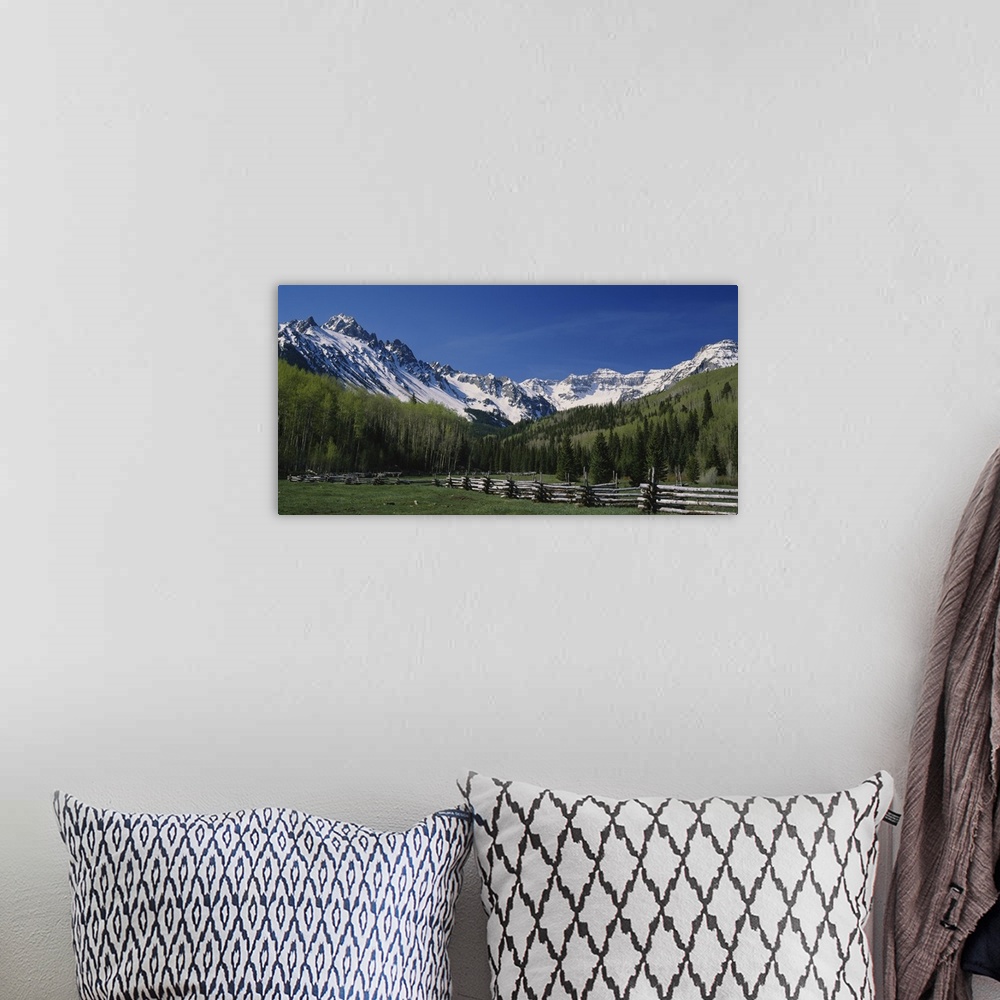 A bohemian room featuring Photo of a fenced field surrounded by a thick forest and mountain range in San Juan Mountains, Co...
