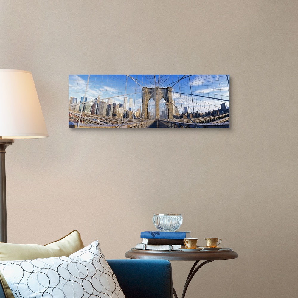 A traditional room featuring Panoramic photograph taken from a landmark overpass in New York as it overlooks a busy skyline.  ...