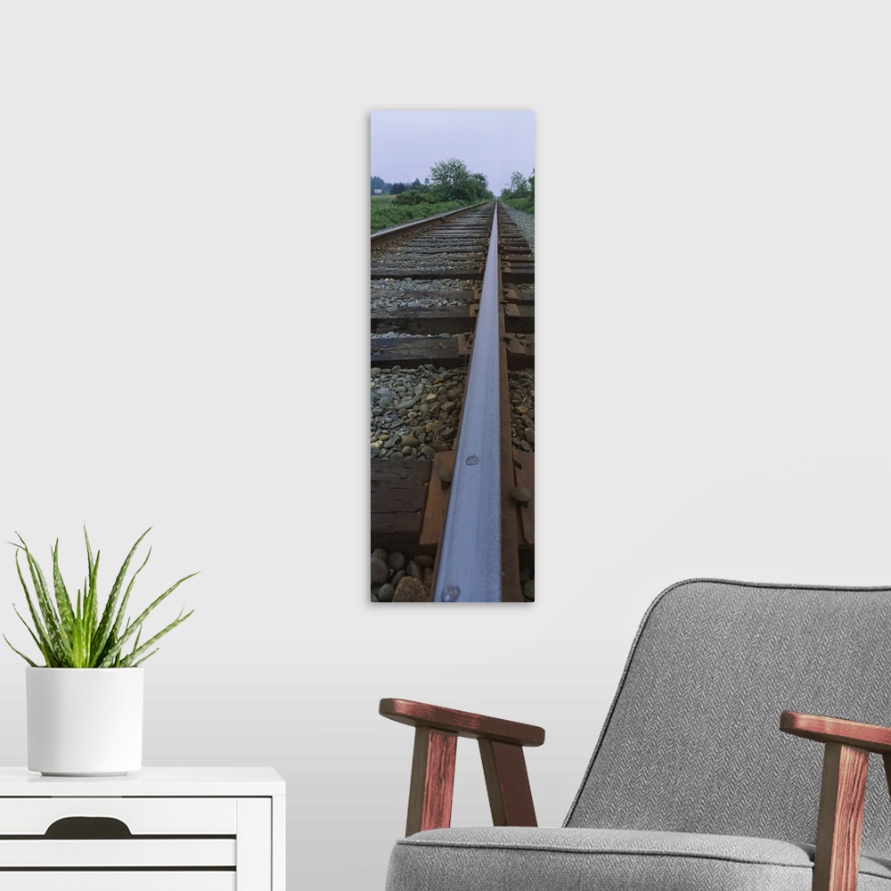 A modern room featuring Railroad track passing through a landscape, Eureka, California