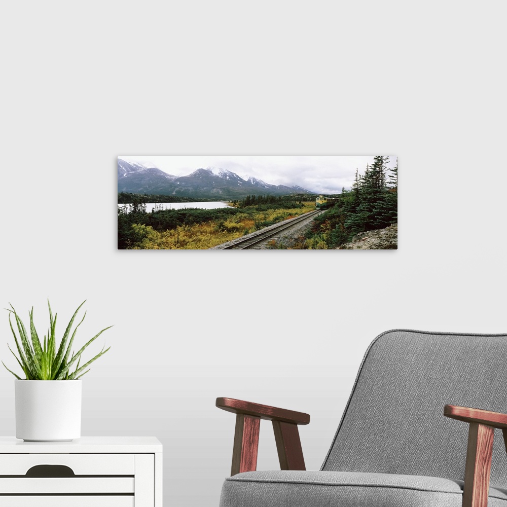 A modern room featuring Railroad track passing through a landscape, Yukon Railroad, Summit Lake, White Pass, Alaska