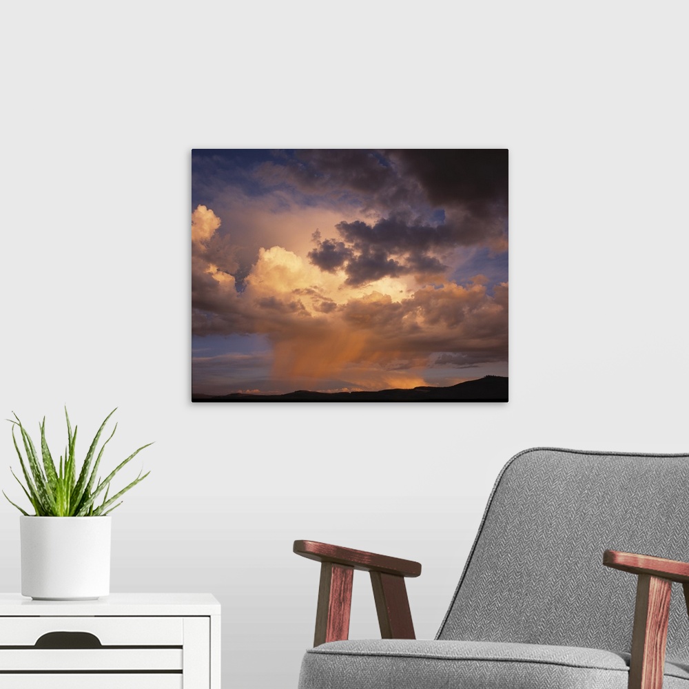 A modern room featuring Rain and storm clouds over Colorado on a summer's evening.