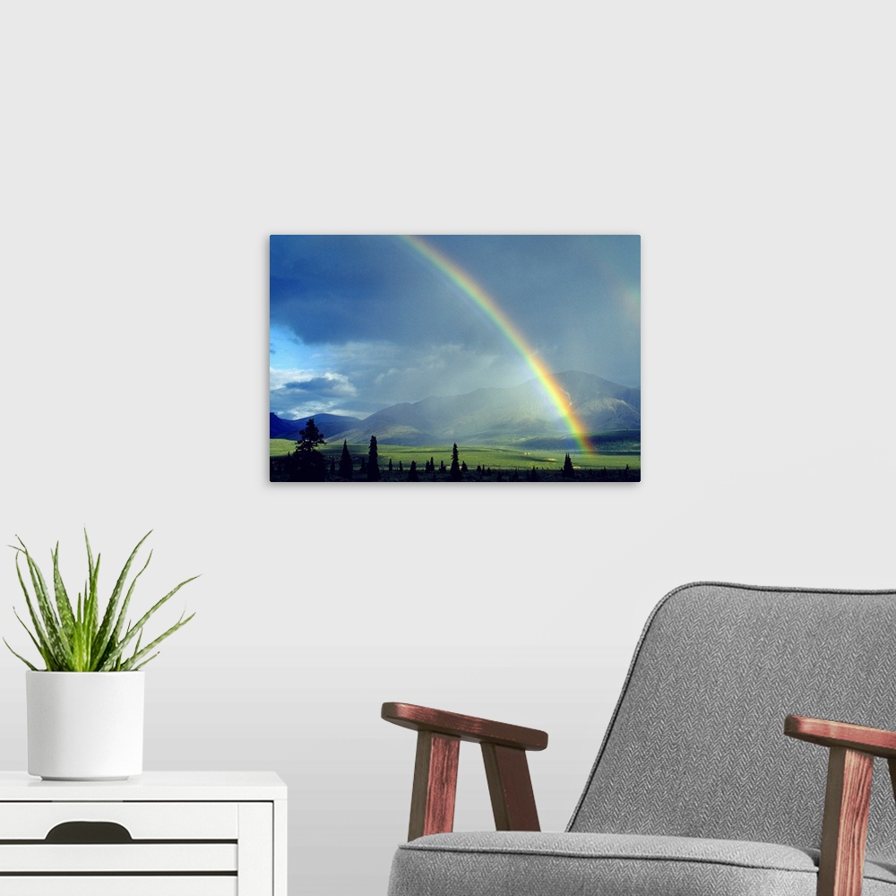 A modern room featuring Rainbow over a landscape, Denali National Park, Alaska