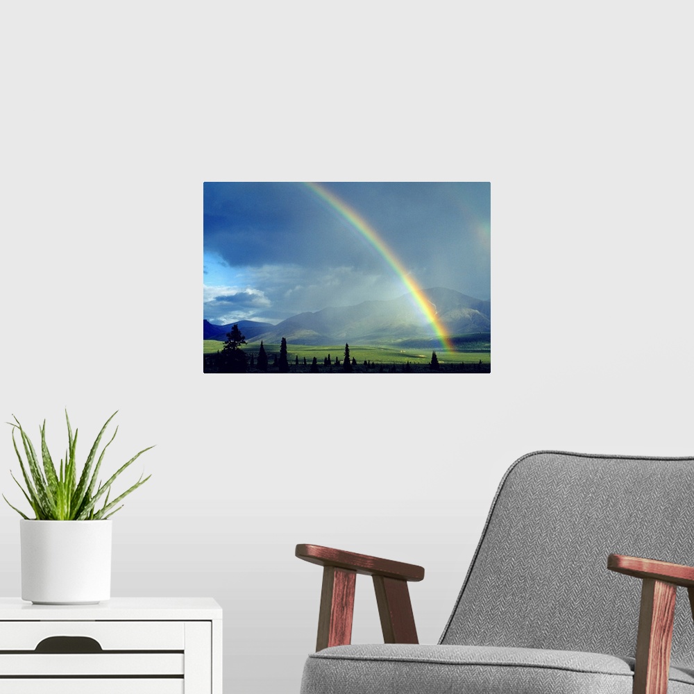 A modern room featuring Rainbow over a landscape, Denali National Park, Alaska