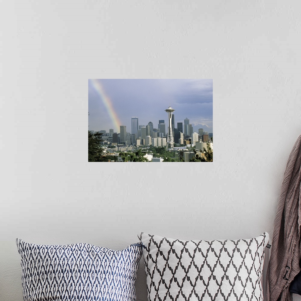 A bohemian room featuring Photograph of a rainbow above the Seattle city skyline on a cloudy day in Seattle, Washington.
