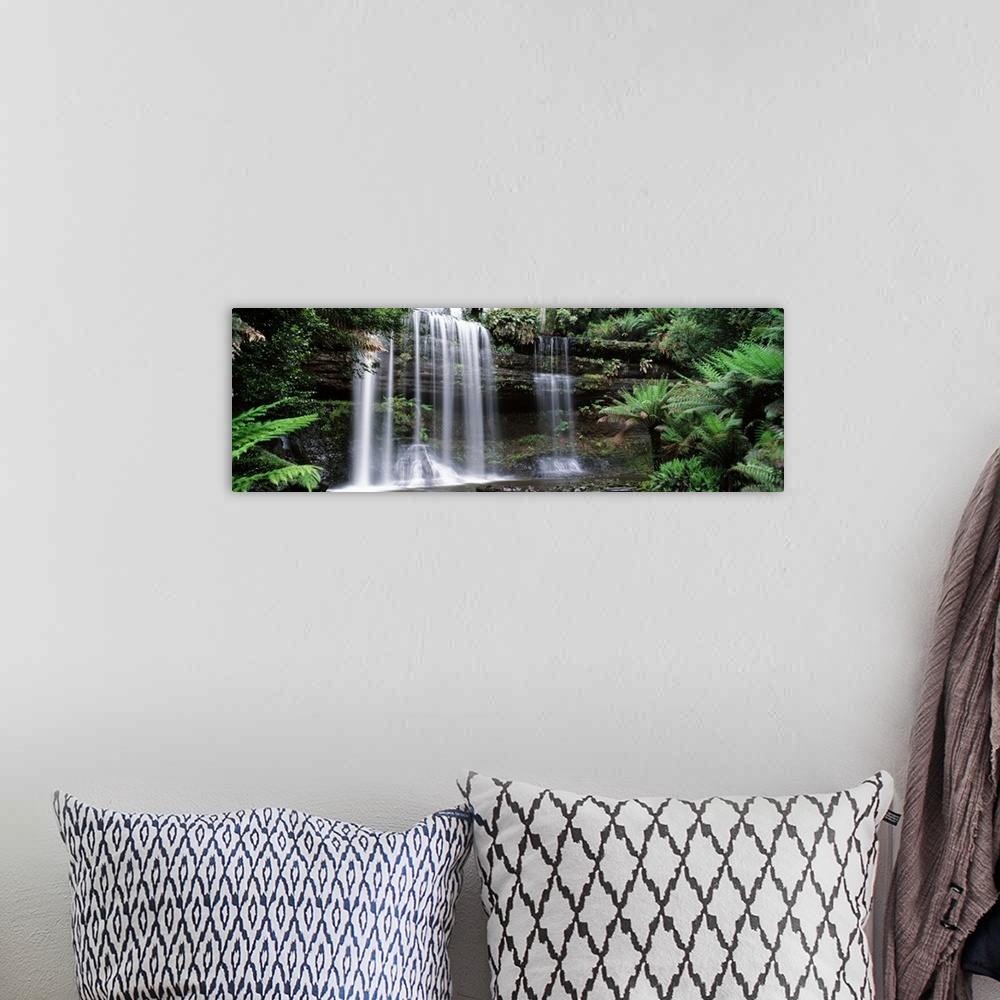 A bohemian room featuring Panoramic photograph of water flowing over huge logs in the forest down into a lake of water.