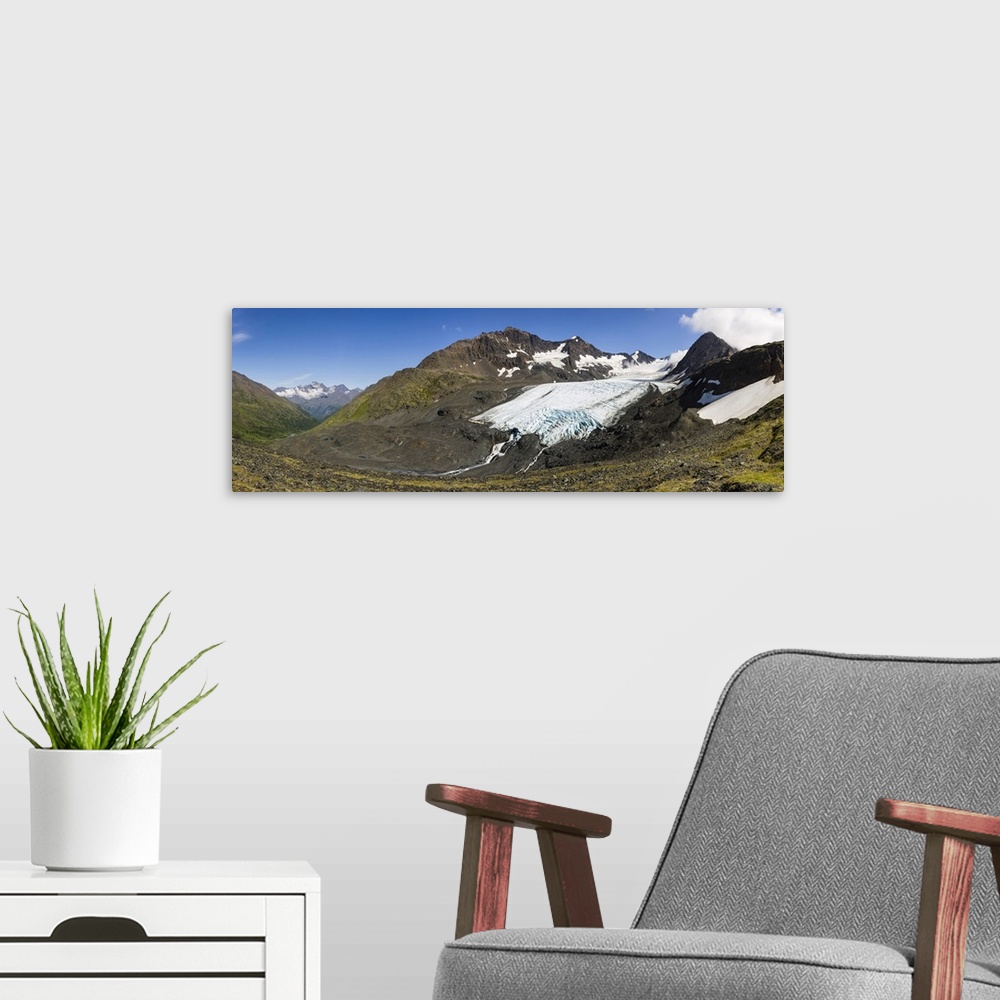 A modern room featuring Raven Glacier at Crow Pass in the Chugach National Forest in Southcentral Alaska, Alaska, USA.