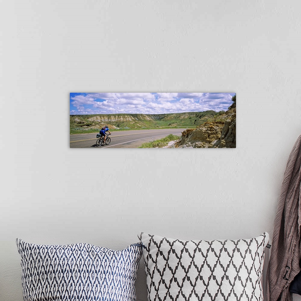 A bohemian room featuring Rear view of a man cycling on a road, Badlands, Theodore Roosevelt National Park, North Dakota
