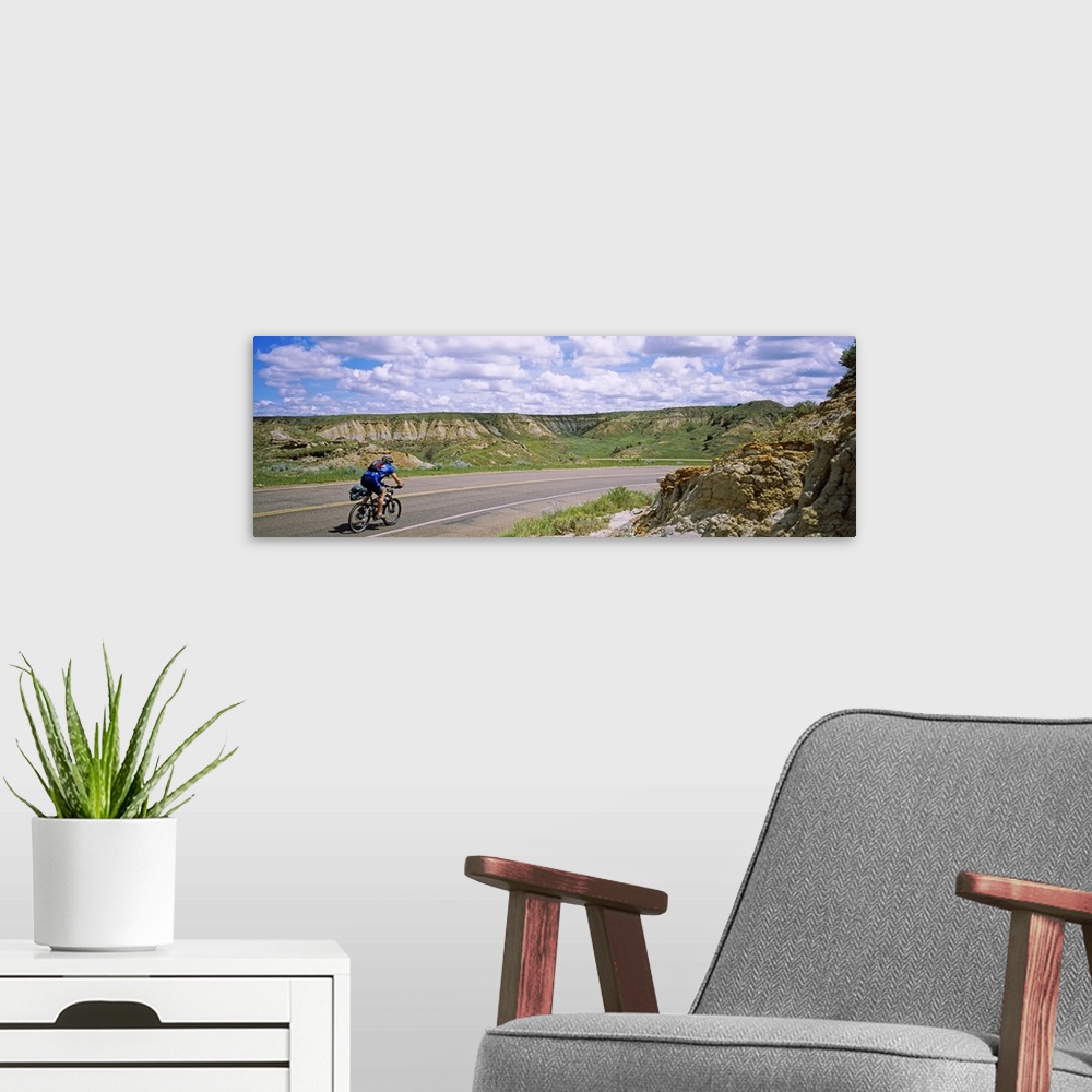 A modern room featuring Rear view of a man cycling on a road, Badlands, Theodore Roosevelt National Park, North Dakota
