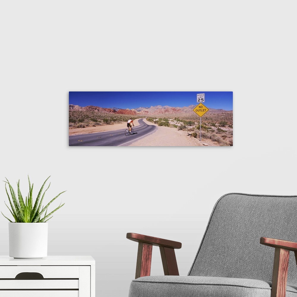A modern room featuring Rear view of a person cycling on the road, Red Rock Canyon National Conservation Area, Clark Coun...