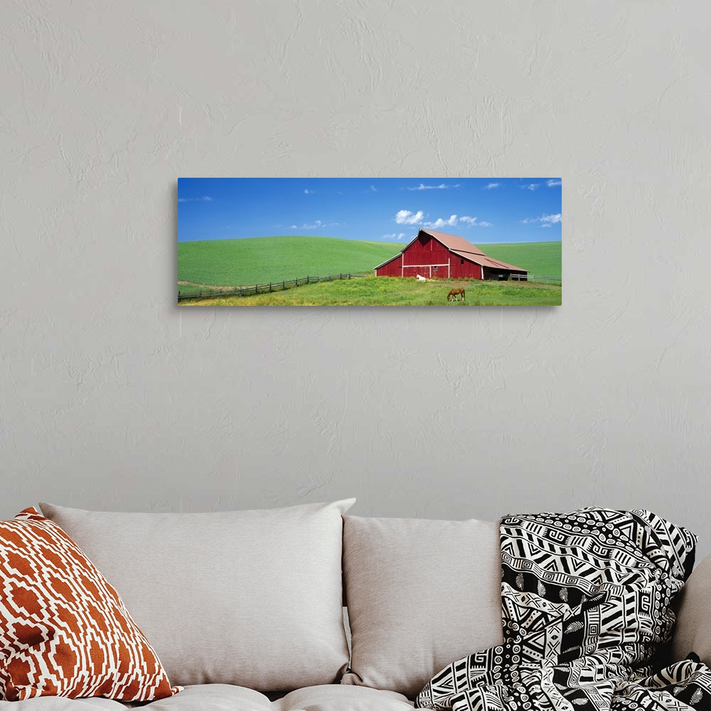A bohemian room featuring Empty farmland, gently rolling hills, and single structure with two horses photographed from a di...