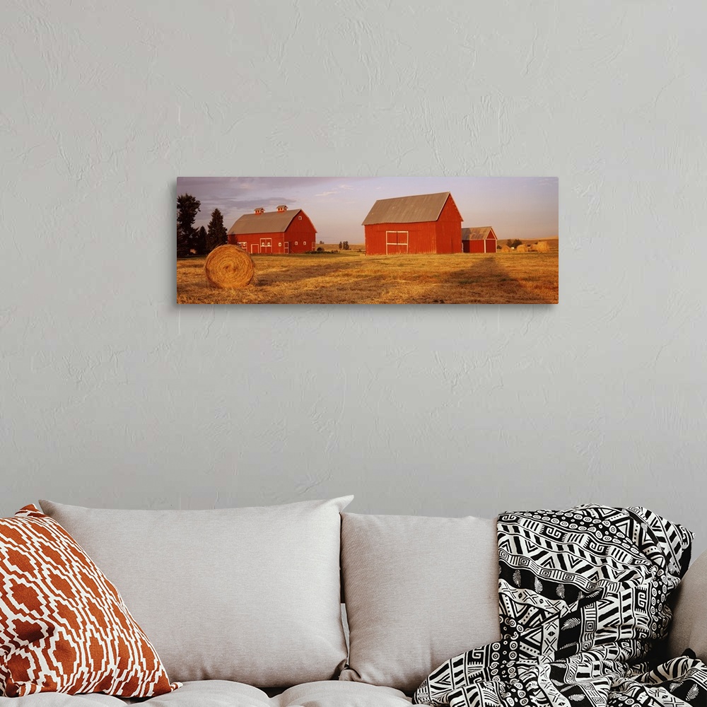 A bohemian room featuring Two red barns sit in a large open field. A single hay bale sits in the foreground of the picture.