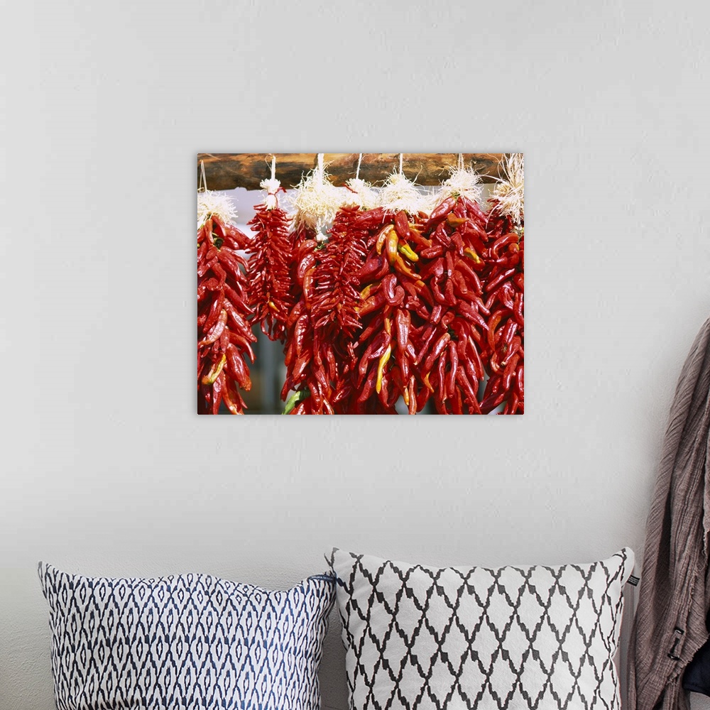 A bohemian room featuring Red chili peppers hanging on a log, Taos, Taos County, New Mexico