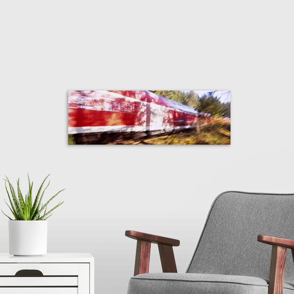 A modern room featuring Red commuter train passing through a forest, Baden-Wurttemberg, Germany
