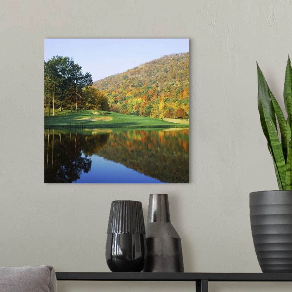 A modern room featuring Reflection of a hill on water, West Point Golf Course, West Point, New York State