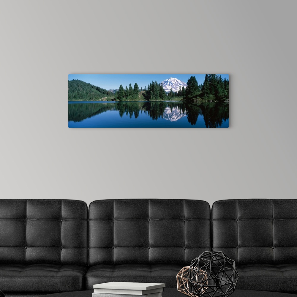A modern room featuring Reflection of a mountain in a lake, Mt Rainier, Mt Rainier National Park, Pierce County, Washingt...