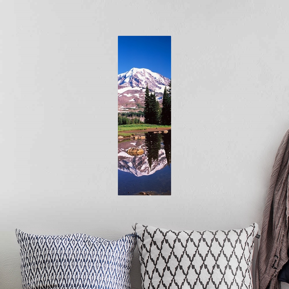 A bohemian room featuring Reflection of a mountain in a lake, Mt Rainier, Pierce County, Washington State,