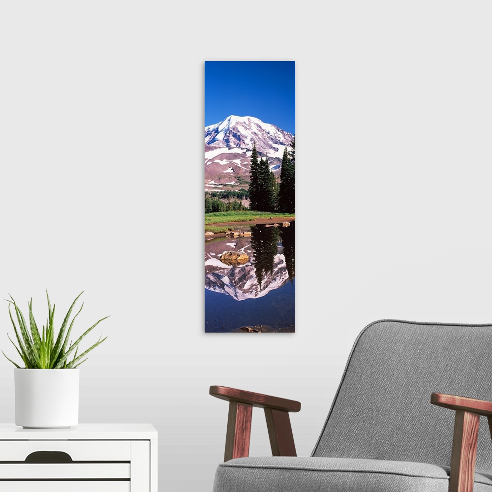 A modern room featuring Reflection of a mountain in a lake, Mt Rainier, Pierce County, Washington State,