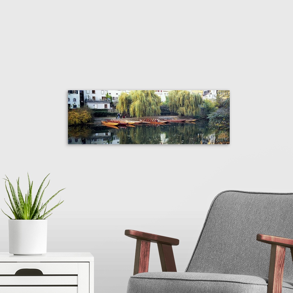 A modern room featuring Reflection Of Buildings And Trees On Water, Neckar River, Tuebingen, Baden-Wurttemberg, Germany