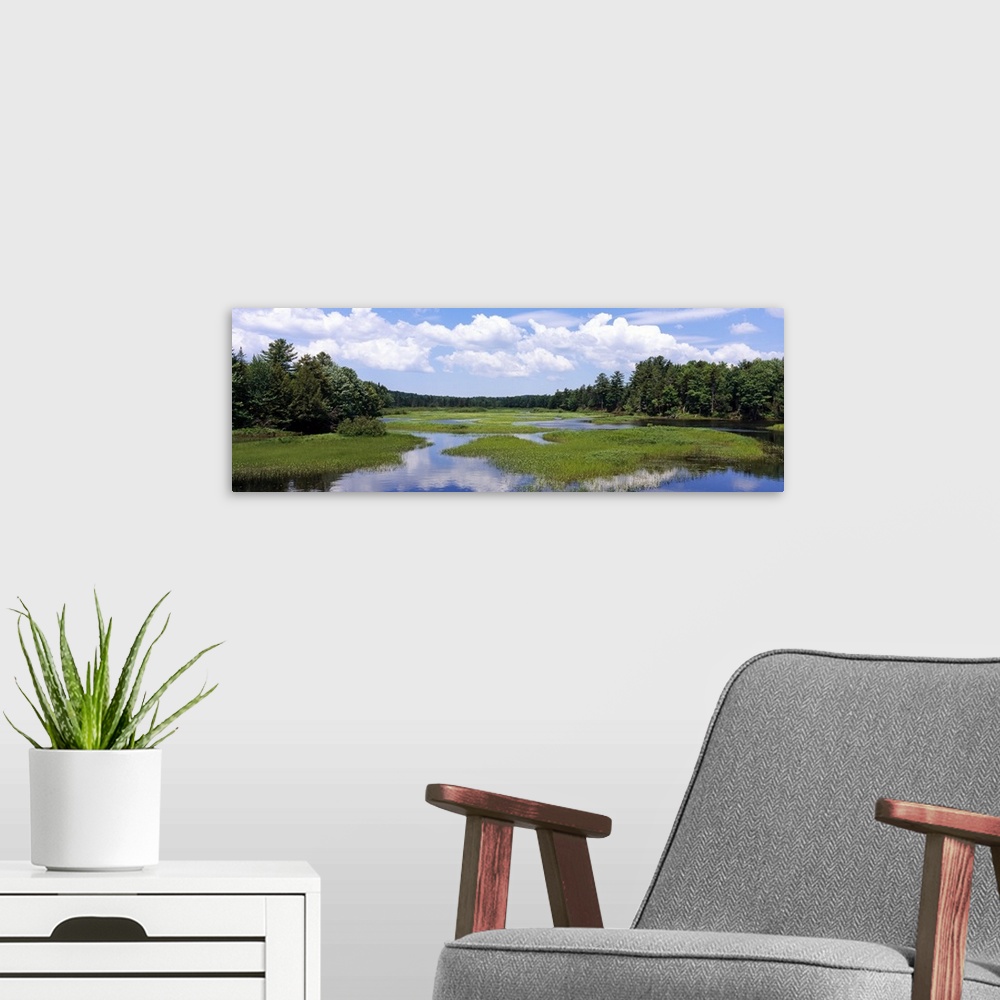 A modern room featuring Reflection of clouds in a river, Moose River, Adirondack Mountains, Old Forge, Herkimer County, N...