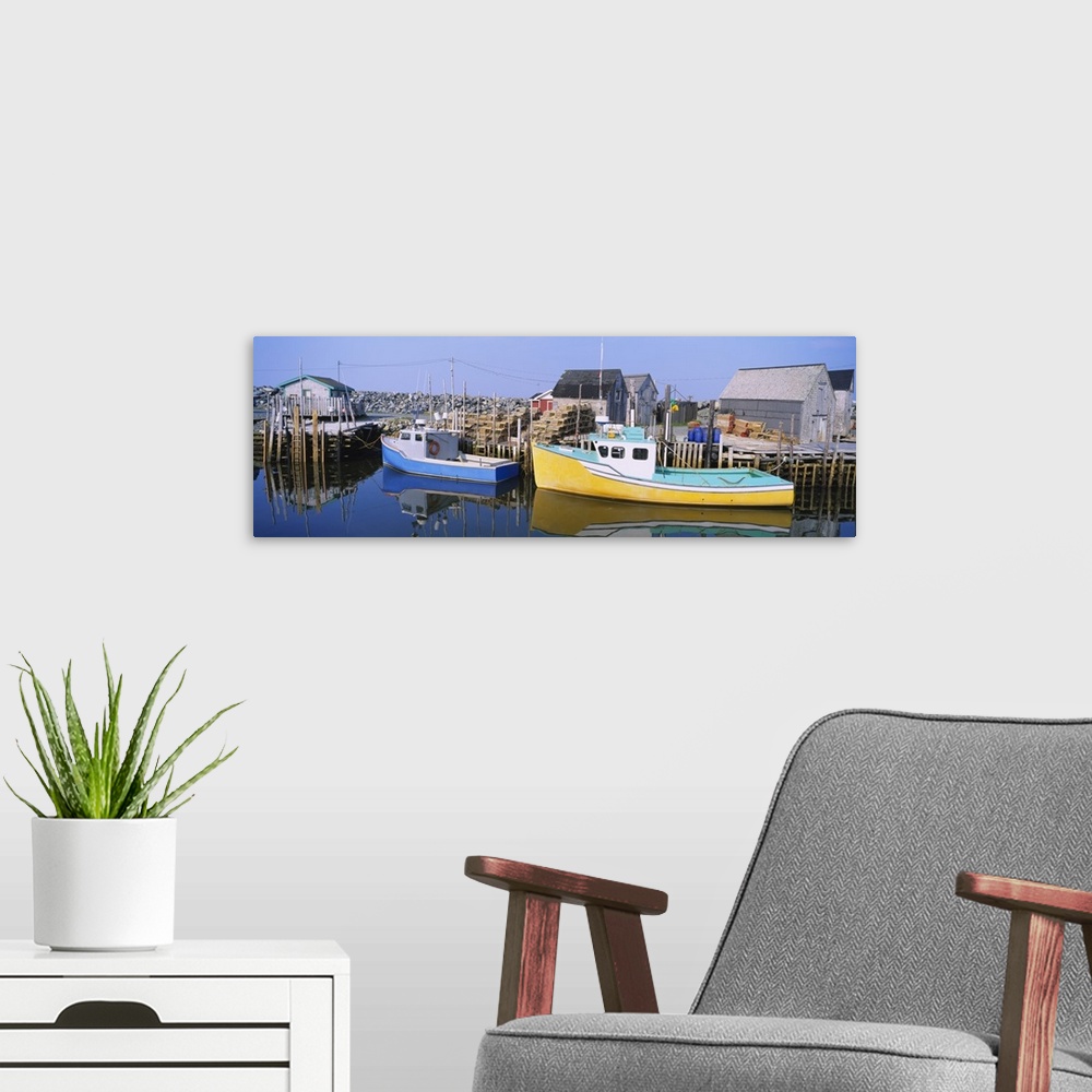 A modern room featuring Reflection of motorboats in water, West Berlin, Nova Scotia, Canada