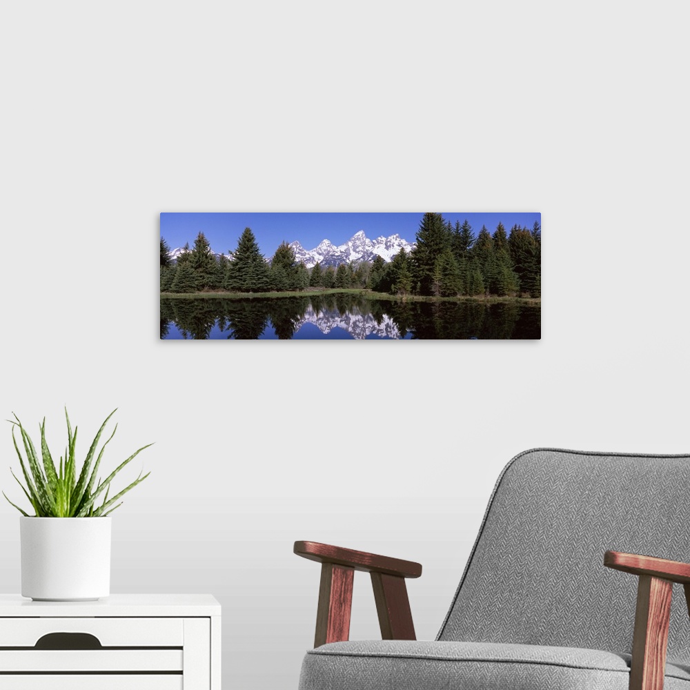 A modern room featuring Reflection of mountains and trees in a lake, Schwabachers Landing, Grand Teton National Park, Wyo...
