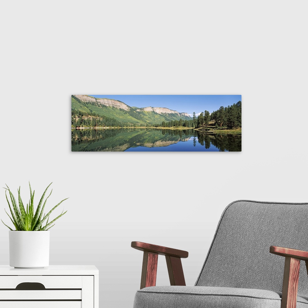 A modern room featuring Reflection of mountains in a lake, Haviland Lake, Hermosa Cliffs, Colorado, USA